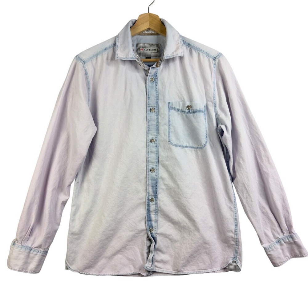 32‎ Bar Blues Shirt Men Size S Blue Pink bleached long sleeve casual 100% Cotton